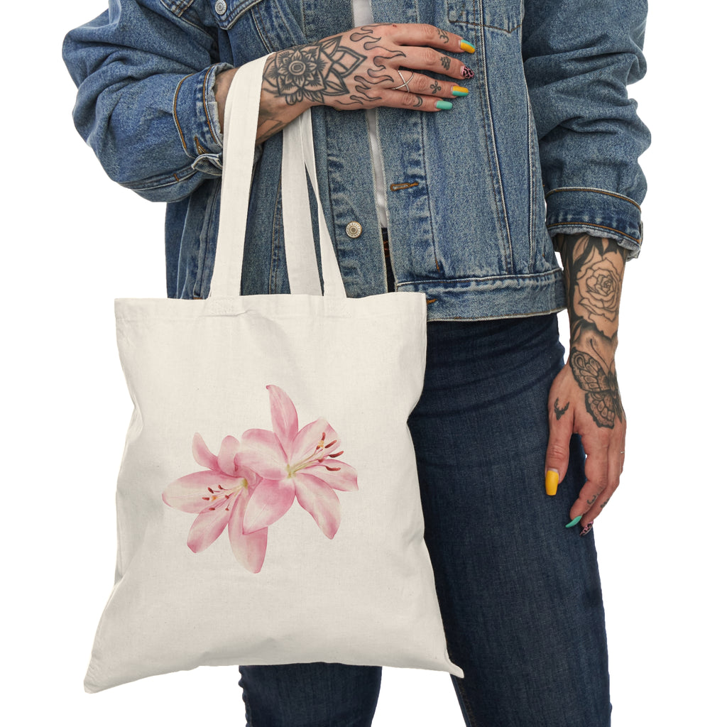 Floral Lily Natural Tote Bag — Pink Watercolor Flower Canvas Grocery Shopper