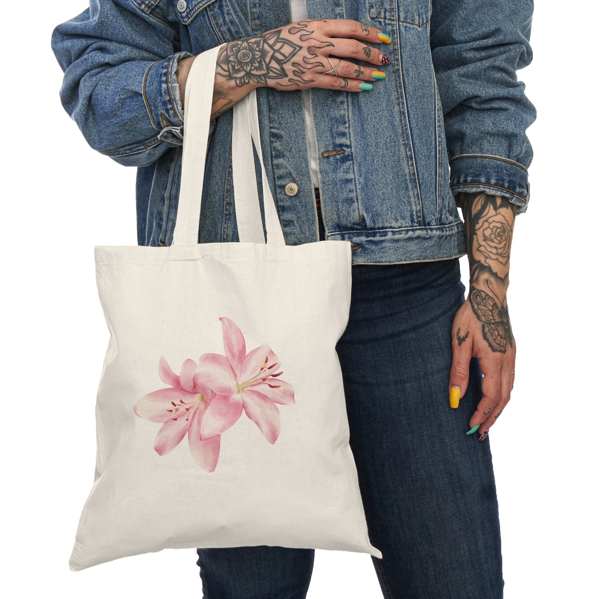 Floral Lily Natural Tote Bag — Pink Watercolor Flower Canvas Grocery Shopper