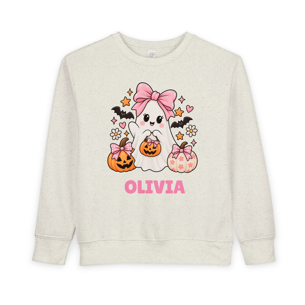 Personalized Toddler Sweatshirt — Cute Pink Halloween Ghost with Name (Olivia)