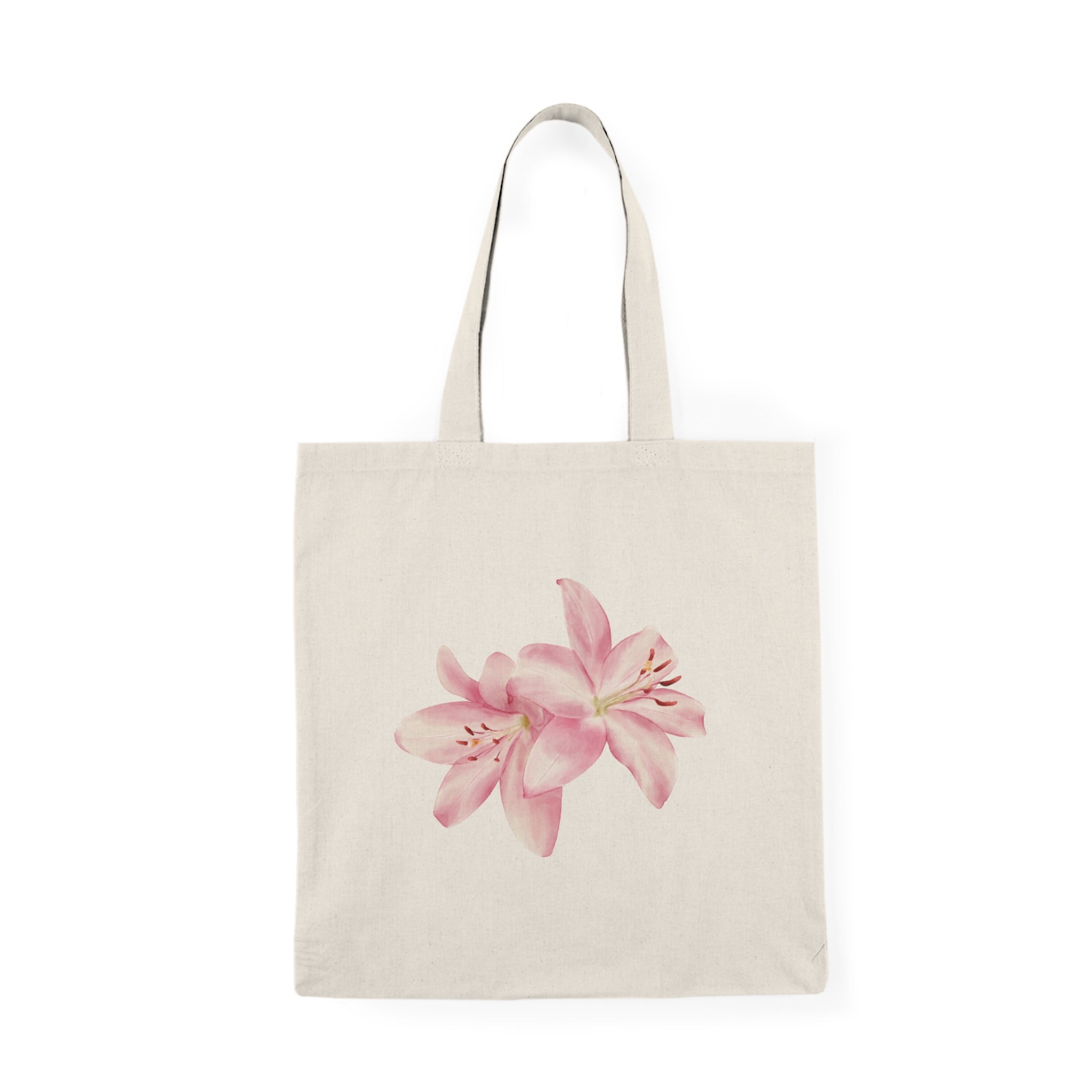 Floral Lily Natural Tote Bag — Pink Watercolor Flower Canvas Grocery Shopper