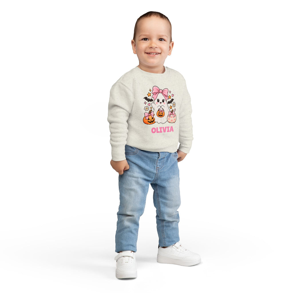 Personalized Toddler Sweatshirt — Cute Pink Halloween Ghost with Name (Olivia)