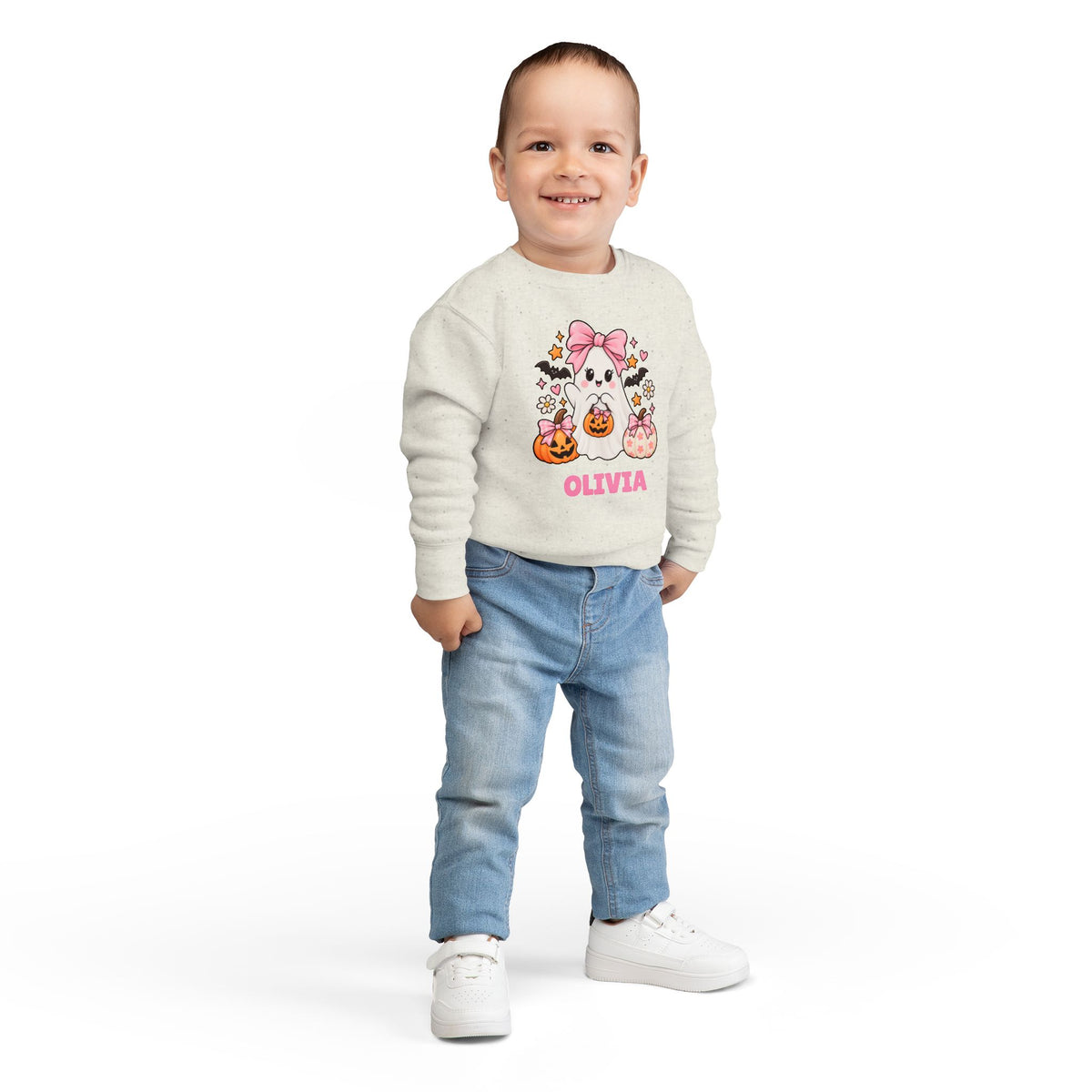 Personalized Toddler Sweatshirt — Cute Pink Halloween Ghost with Name (Olivia)