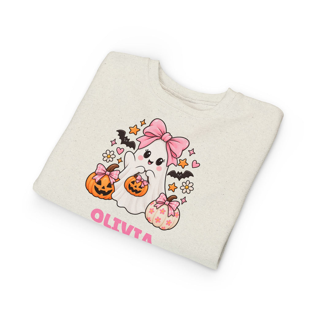 Personalized Toddler Sweatshirt — Cute Pink Halloween Ghost with Name (Olivia)