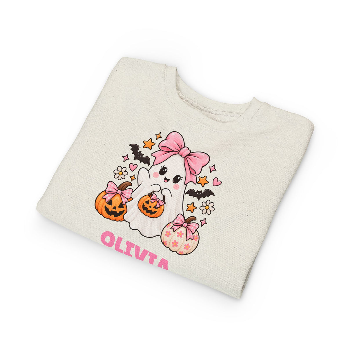 Personalized Toddler Sweatshirt — Cute Pink Halloween Ghost with Name (Olivia)